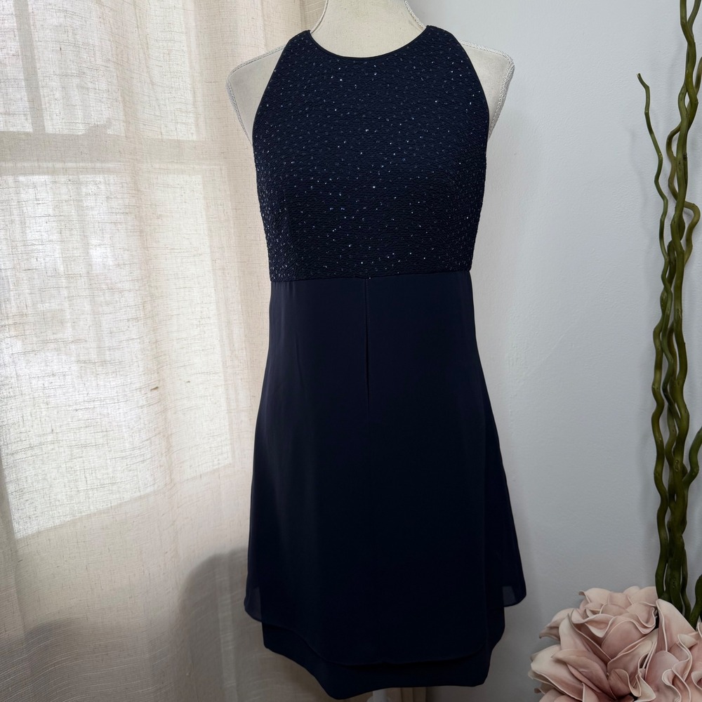 90s Y2K Vintage David Warren Glitter Dress Sparkles Navy Blue Women's Size 6 - Picture 2 of 11